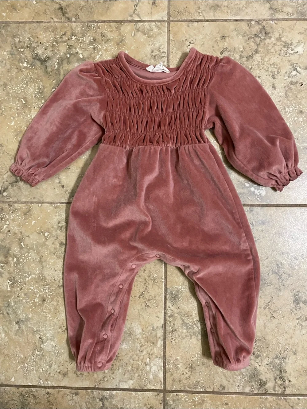 Jessica Simpson Dusty Rose Velour Smocked Baby Girl Jumpsuit Coquette Cozy 12mo